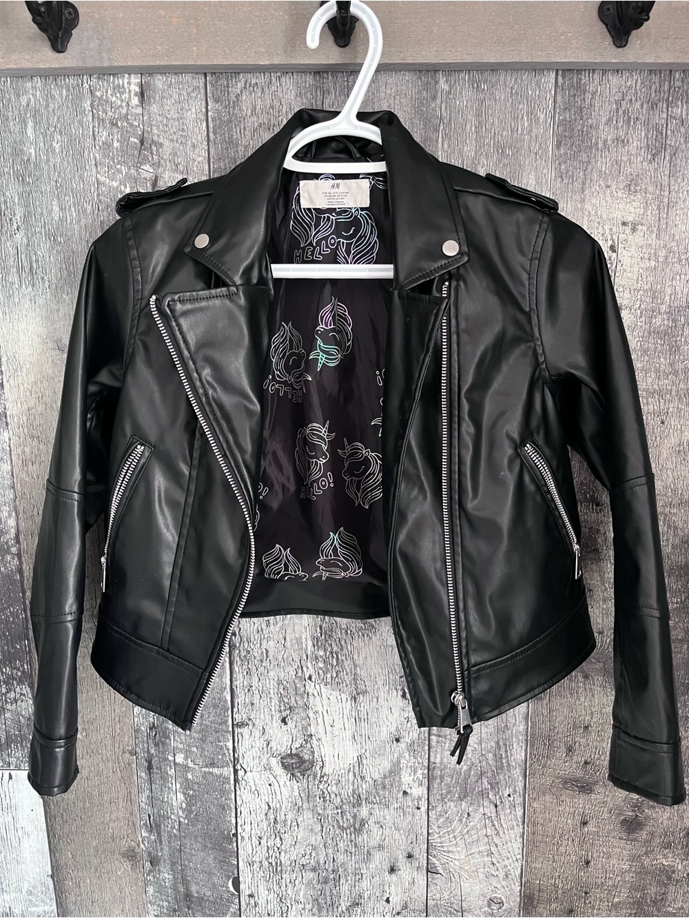 H&M Black Faux Leather Moto Jacket with Silver Zippers kids 9-10